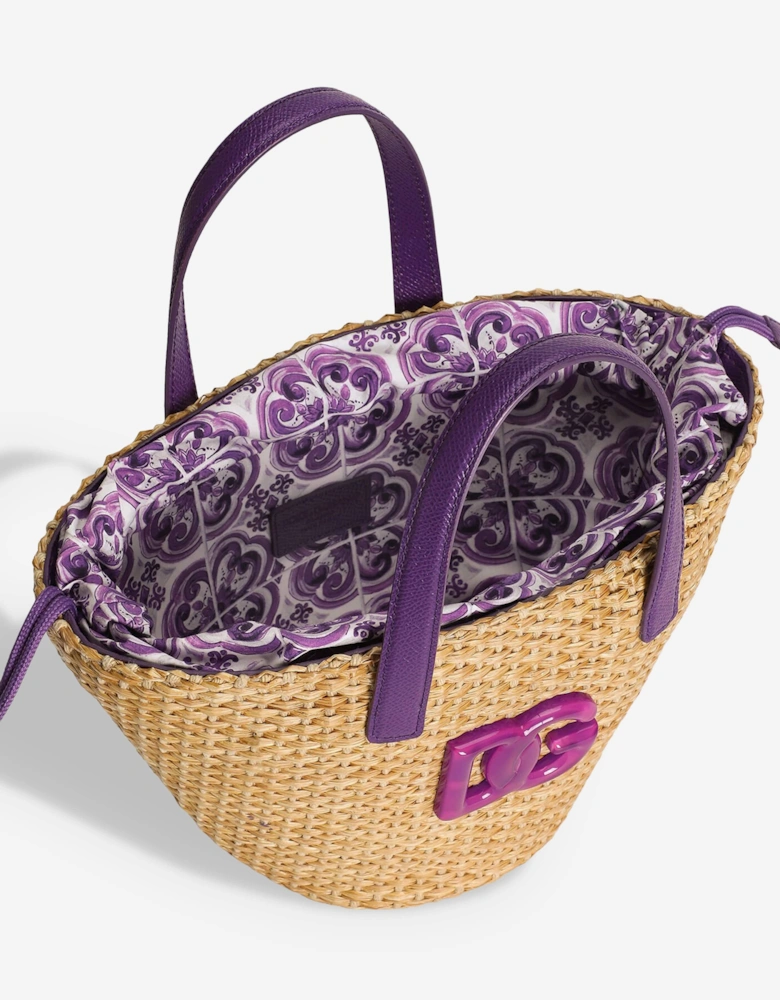 Girls Straw Logo Basket Bag in Beige (34cm)