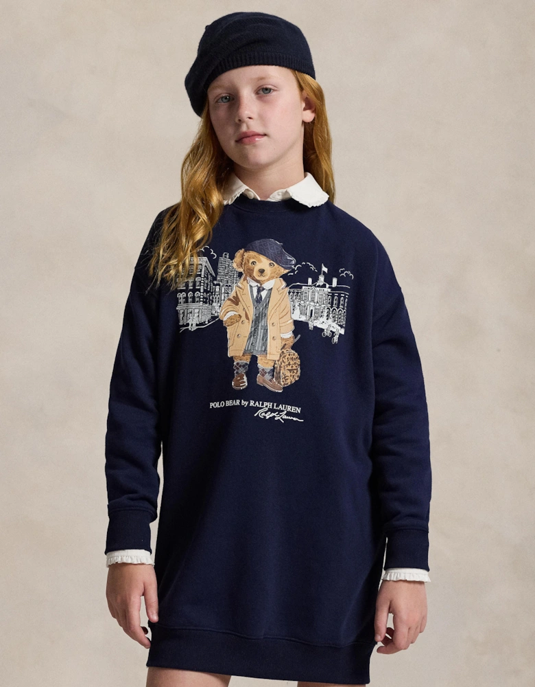 Girls Polo Bear Sweater Dress in Navy