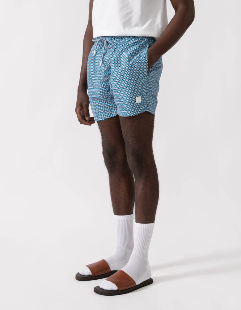 BOSS Orange Vibe Mens Logo-Label Swim Shorts with Seasonal Pattern - Open Blue 483