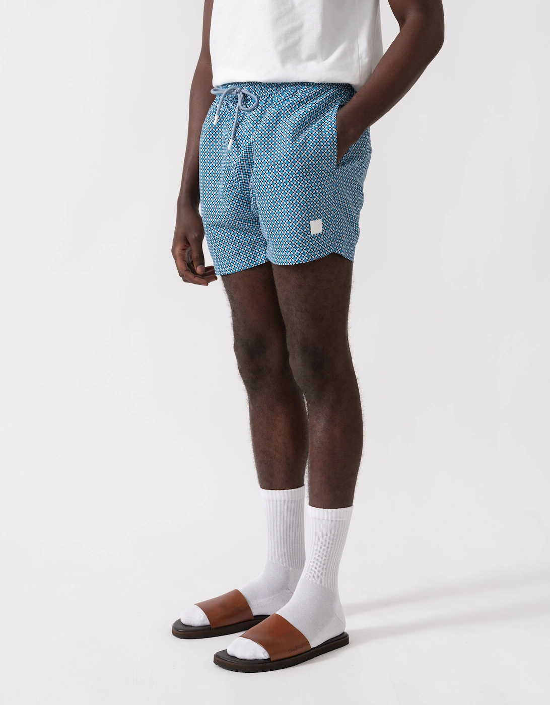 BOSS Orange Vibe Mens Logo-Label Swim Shorts with Seasonal Pattern - Open Blue 483