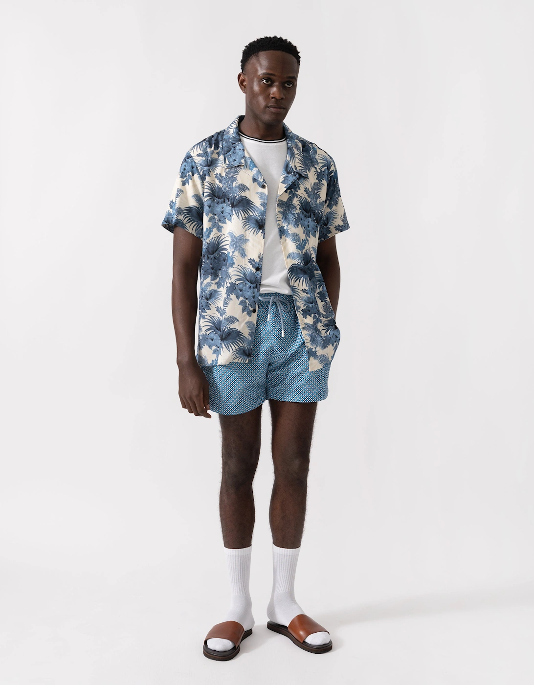 Men's BOSS Orange Mens Short Sleeve Floral Print Beach Shirt - Open Blue 483 - Size: 42/Regular