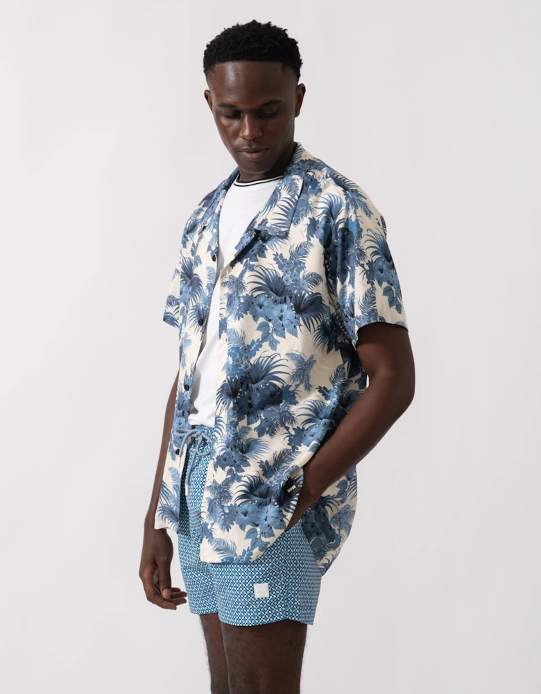 BOSS Orange Mens Short Sleeve Floral Print Beach Shirt - Open Blue 483
