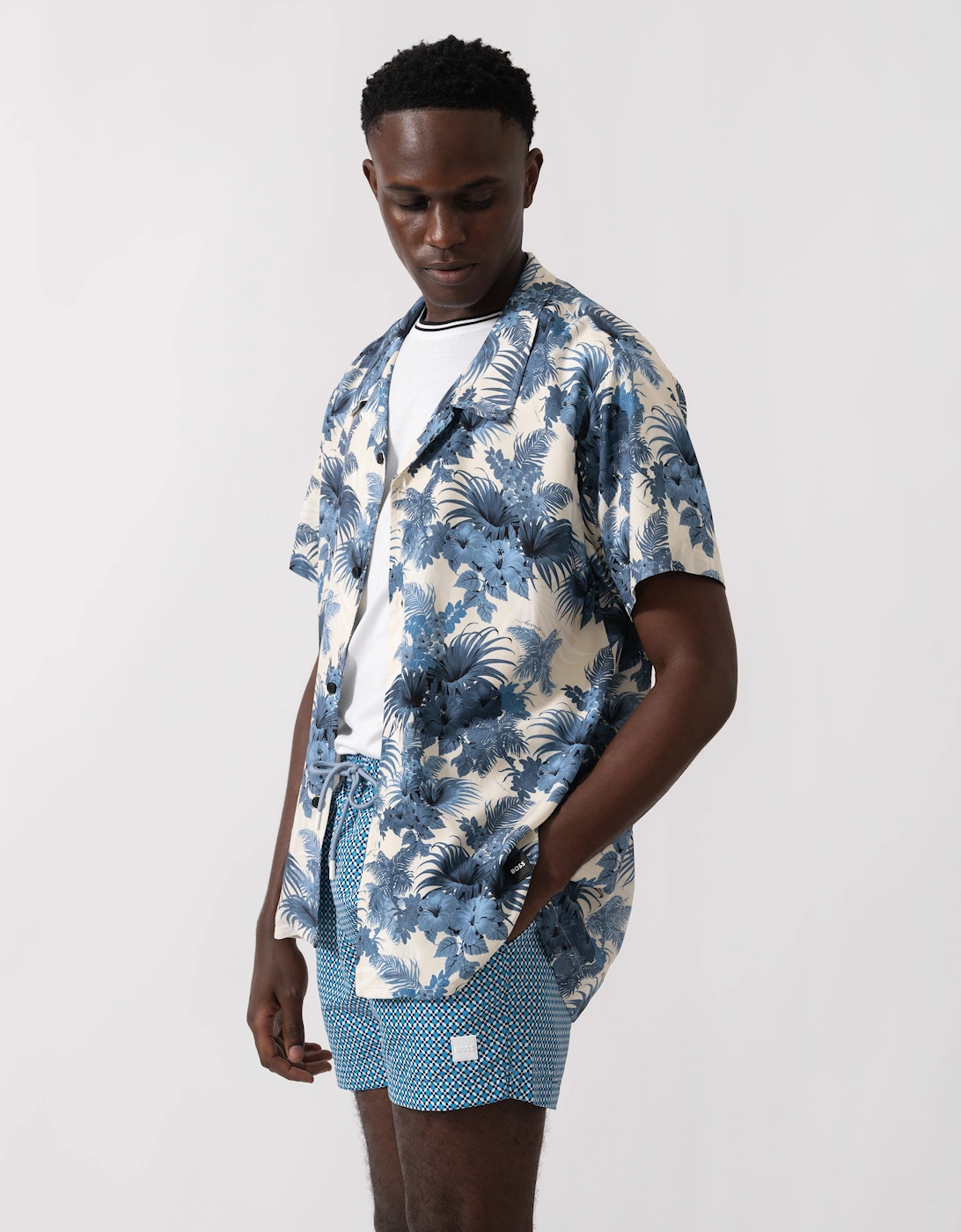 BOSS Orange Mens Short Sleeve Floral Print Beach Shirt - Open Blue 483