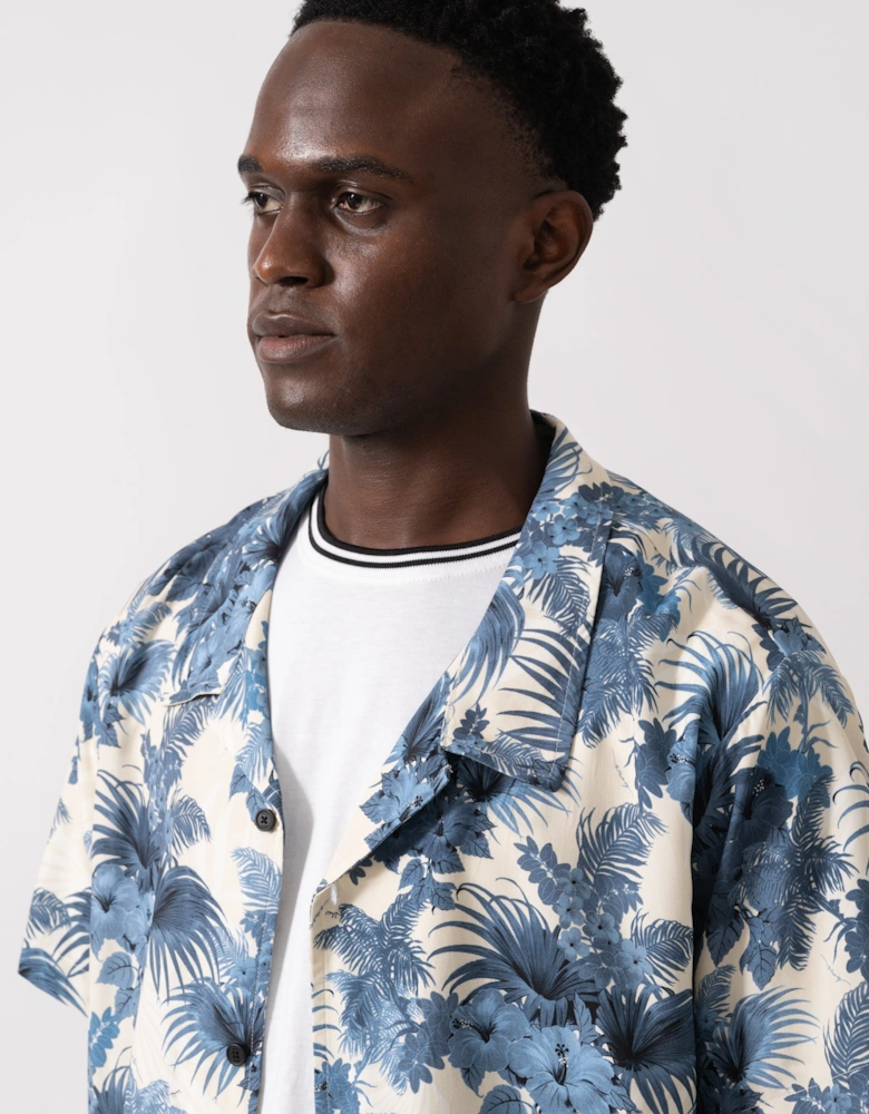 BOSS Orange Mens Short Sleeve Floral Print Beach Shirt - Open Blue 483