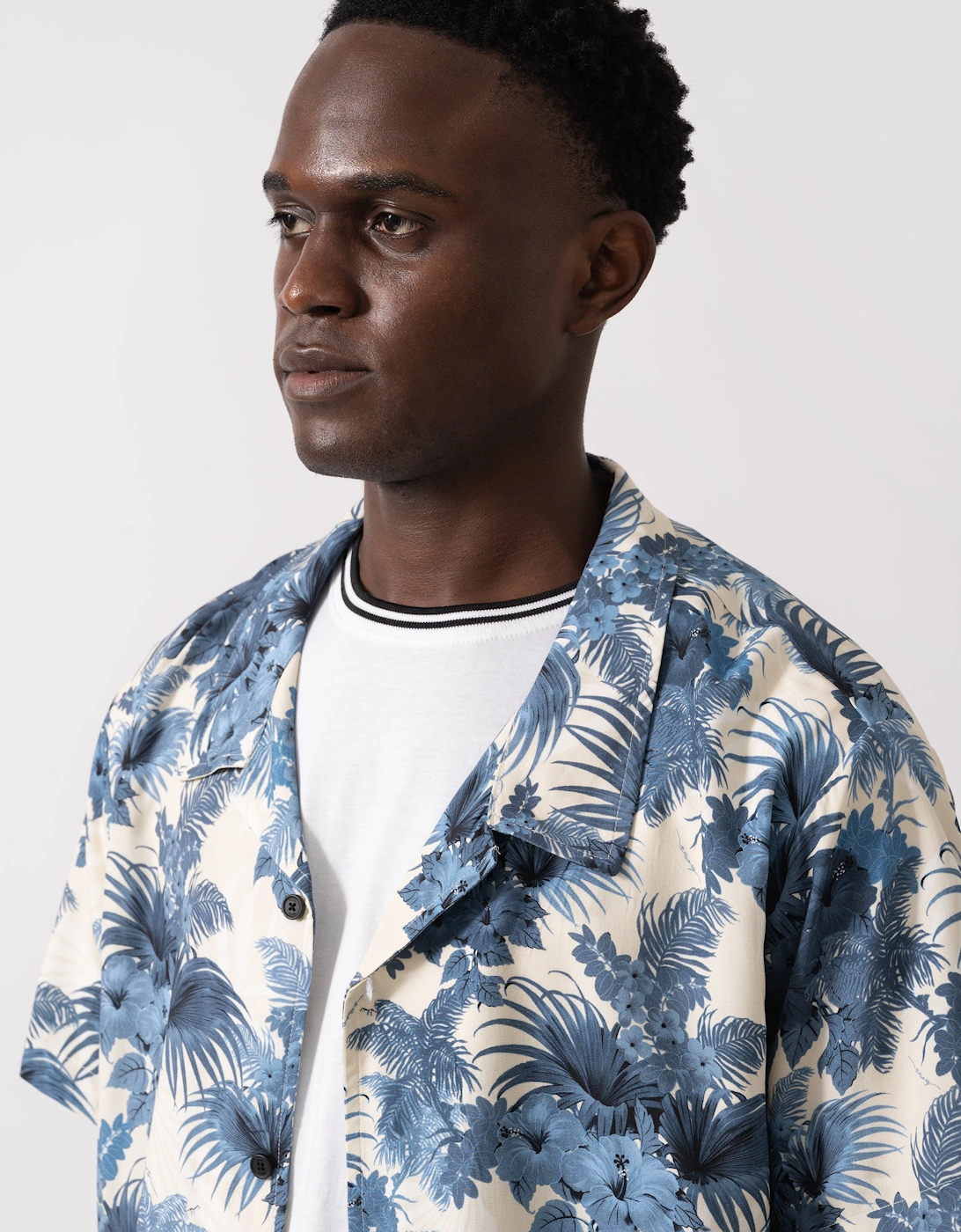 BOSS Orange Mens Short Sleeve Floral Print Beach Shirt - Open Blue 483
