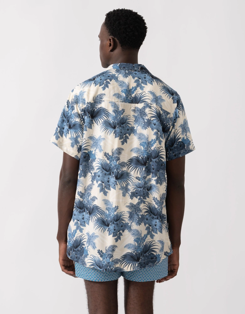 BOSS Orange Mens Short Sleeve Floral Print Beach Shirt - Open Blue 483