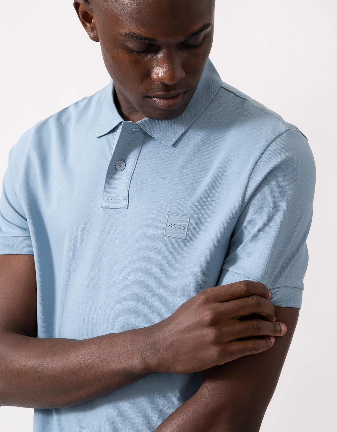 BOSS Orange Passenger Mens Stretch-Cotton Slim-Fit Polo Shirt with Logo Patch - Light/Pastel Blue 451