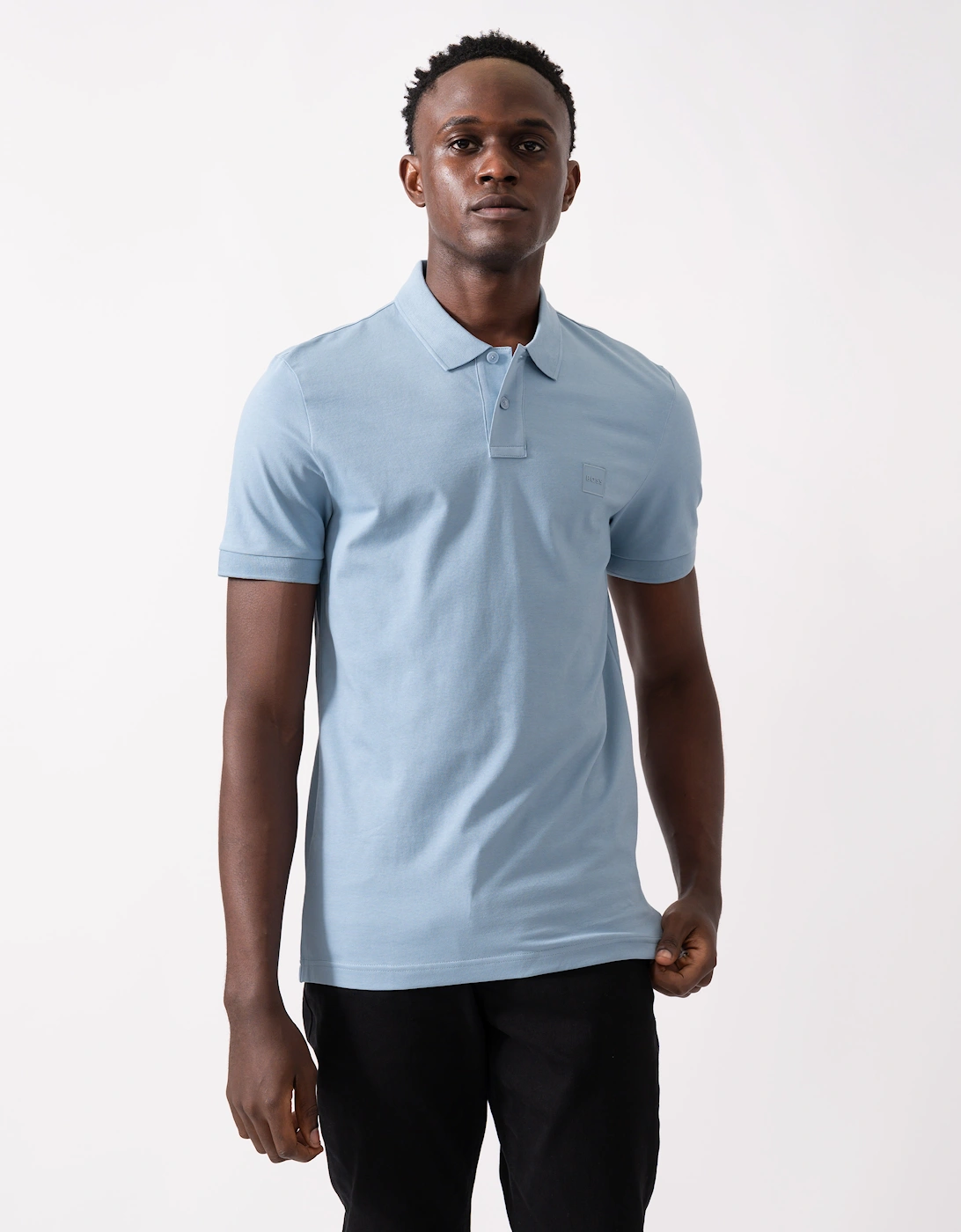 Men's BOSS Orange Passenger Mens Stretch-Cotton Slim-Fit Polo Shirt with Logo Patch - Light/Pastel Blue 451 - Size: L