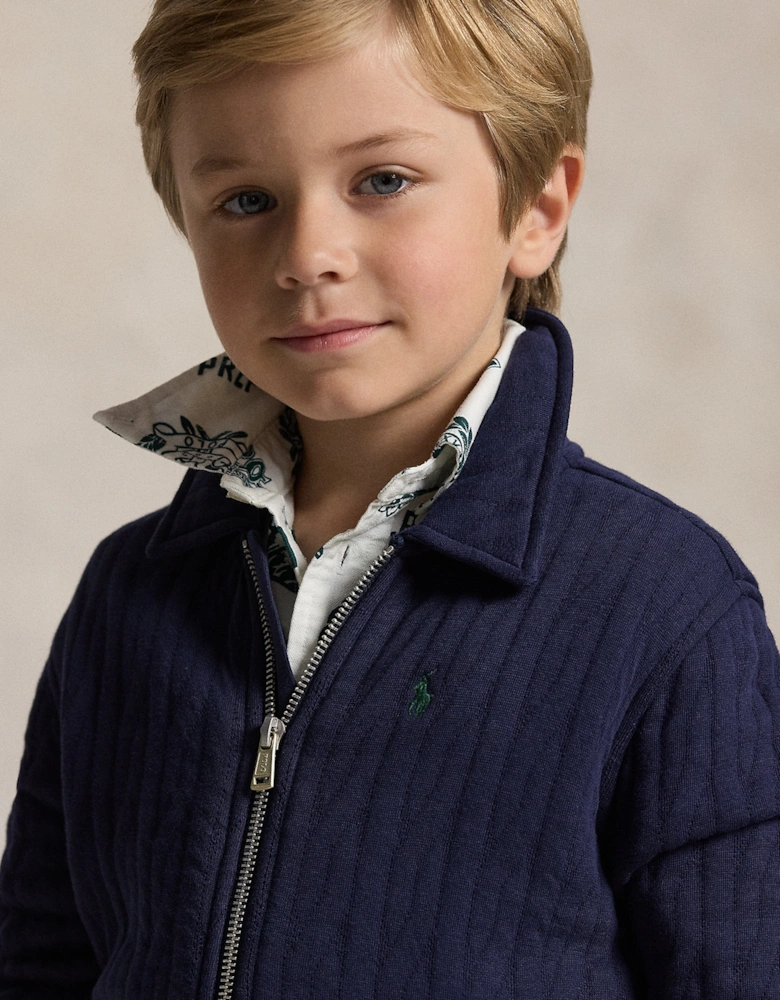 Boys Quilted Cable Knit Zip Up in Navy