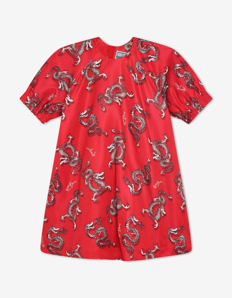 Girls Dragon Print Dress in Red