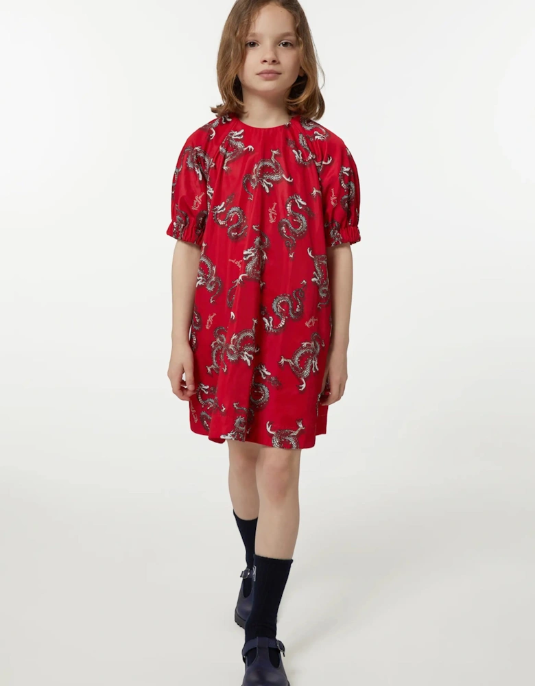 Girls Dragon Print Dress in Red