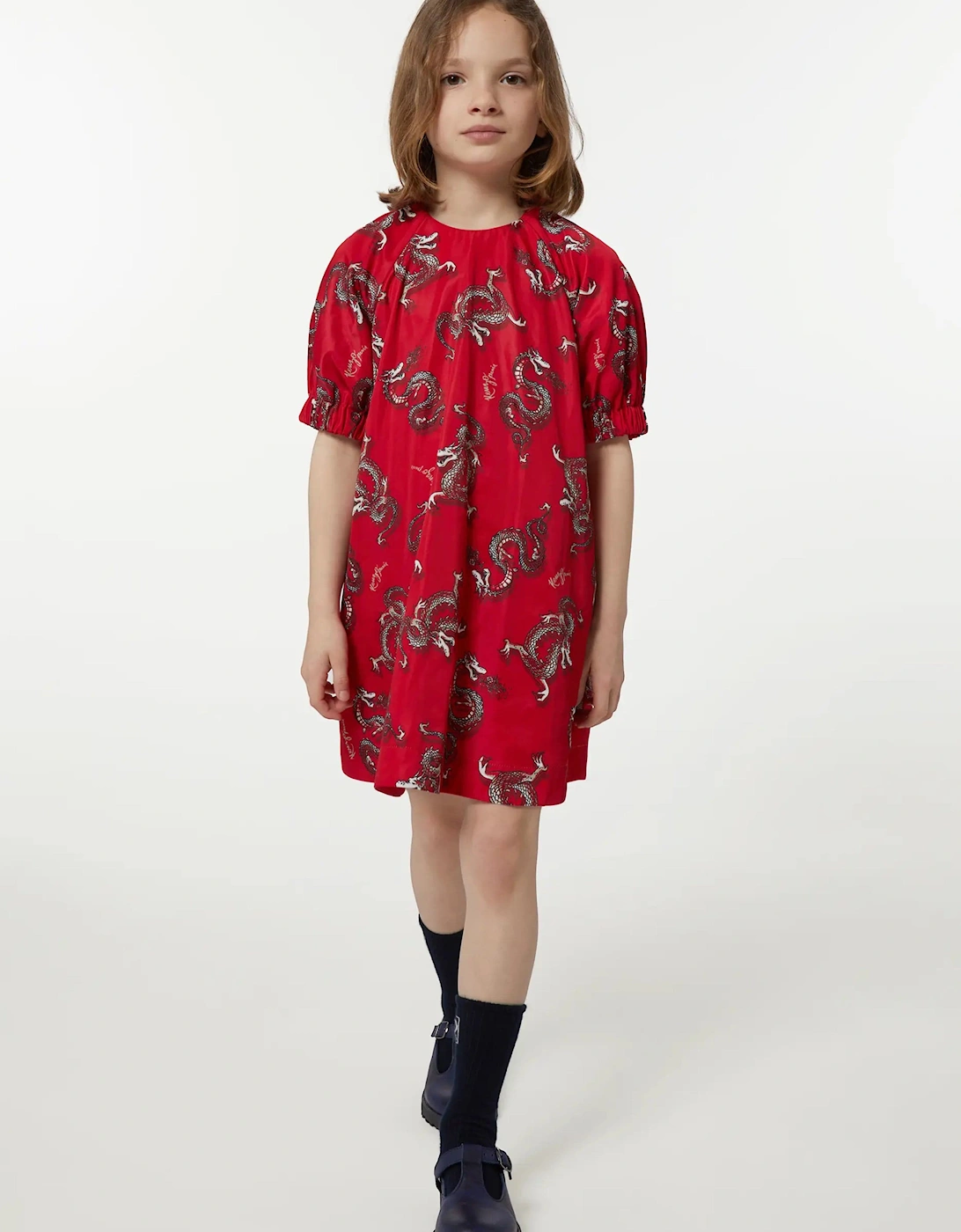 Girls Dragon Print Dress in Red