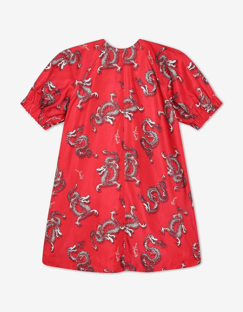 Girls Dragon Print Dress in Red