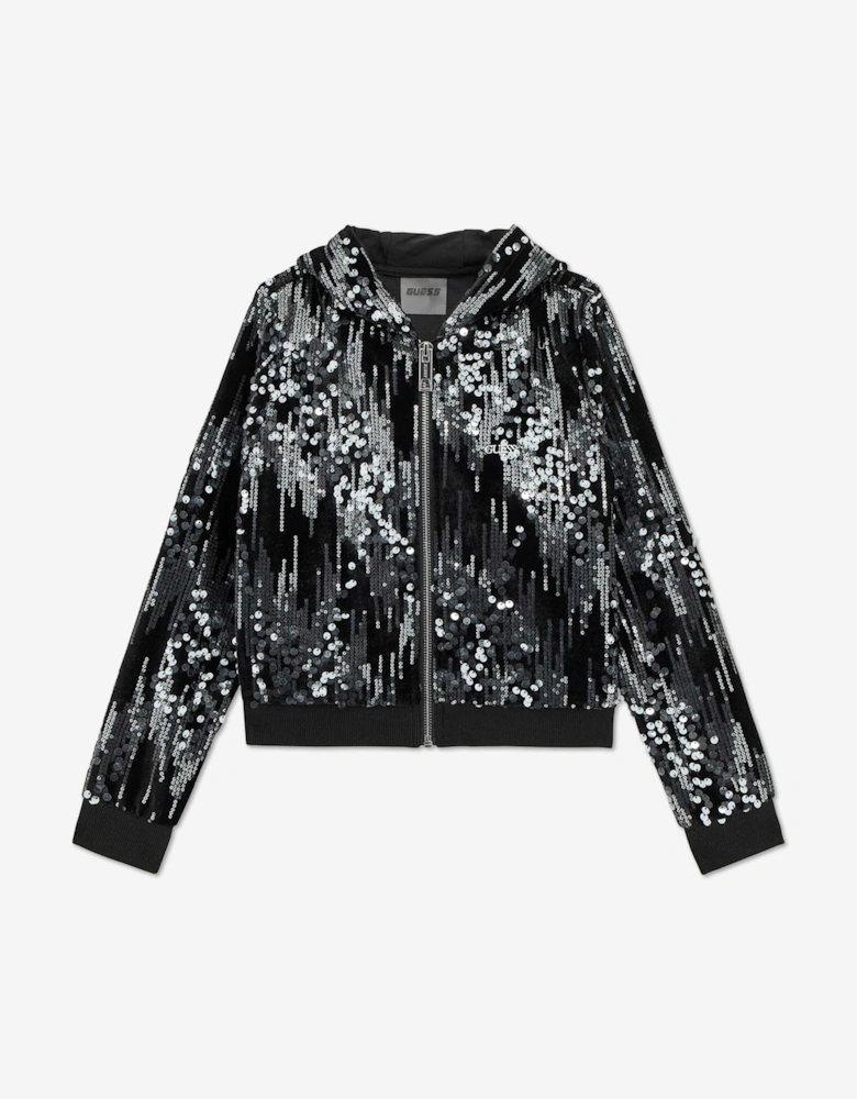 Girls Velvet Zip Up Top in Black
