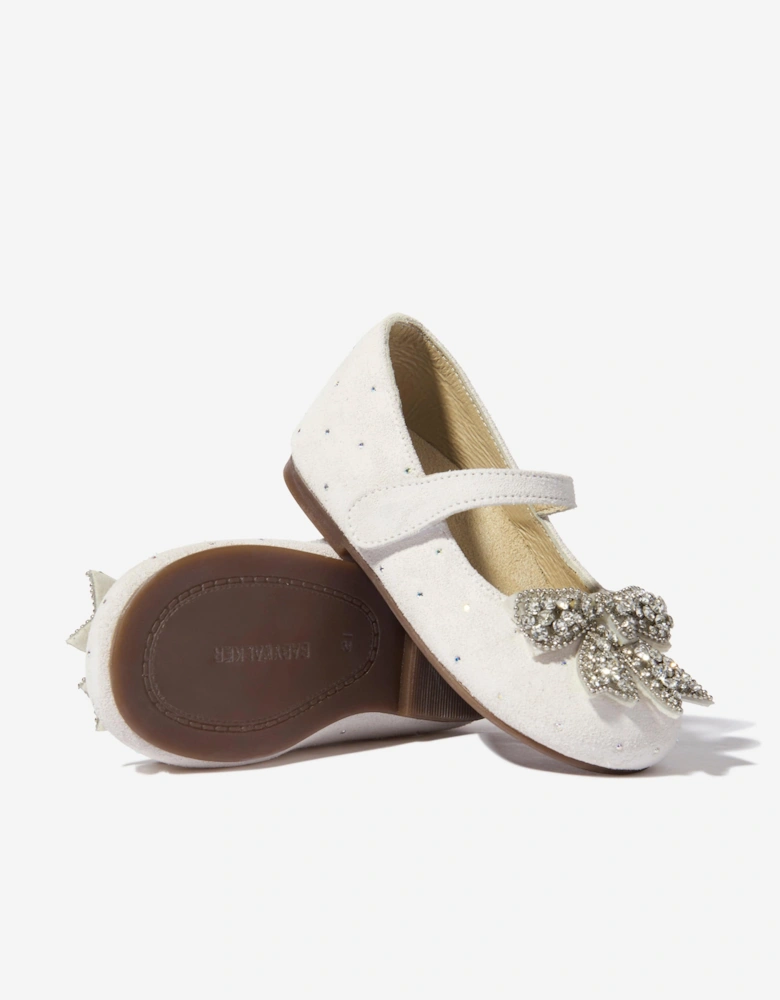 BABYWALKER Girls Suede Swarovski Bow Ballerinas in White