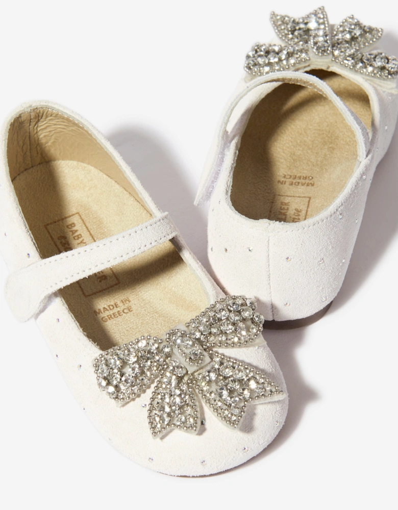 BABYWALKER Girls Suede Swarovski Bow Ballerinas in White