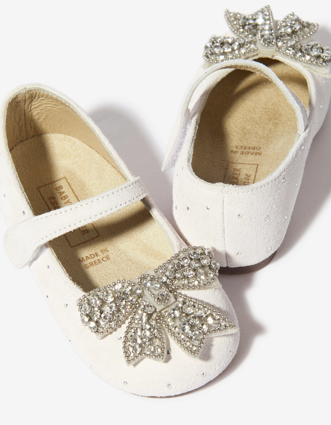 BABYWALKER Girls Suede Swarovski Bow Ballerinas in White