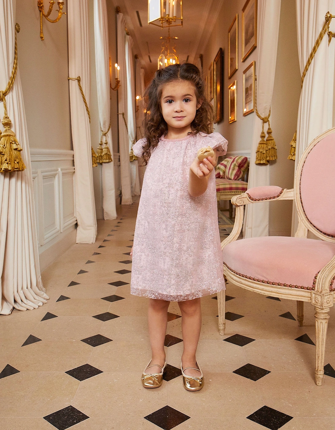Baby Girls Glittery Toile de Jouy Dress in Pink
