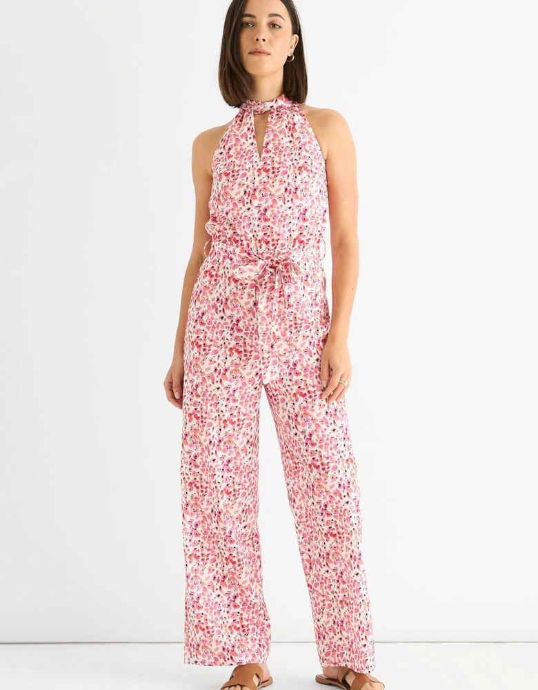 Pink Halter Neck Keyhole Wide Leg Jumpsuit