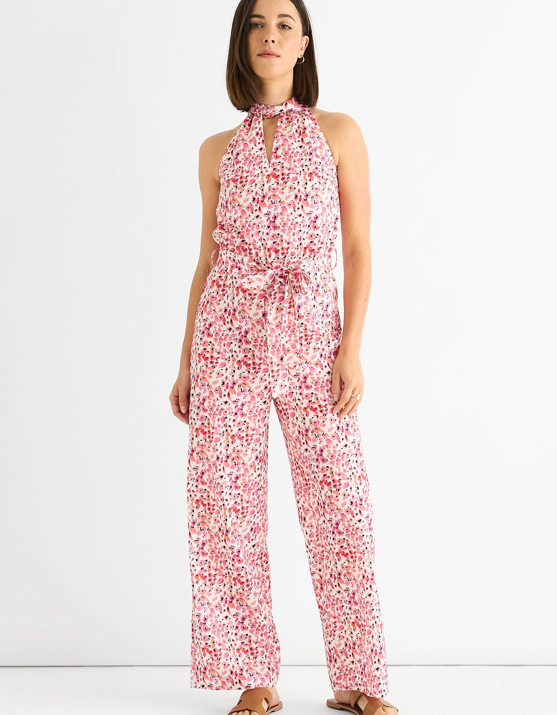 Pink Halter Neck Keyhole Wide Leg Jumpsuit, 2 of 1