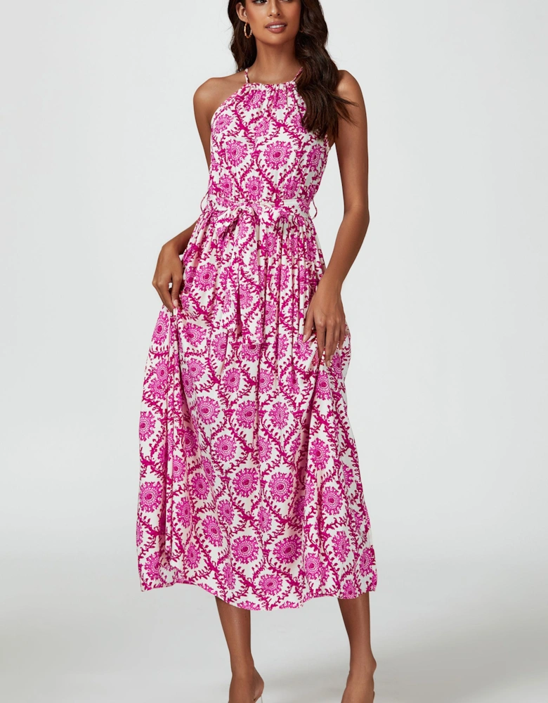 Floral Print Tie Halterneck Maxi Dress In Pink