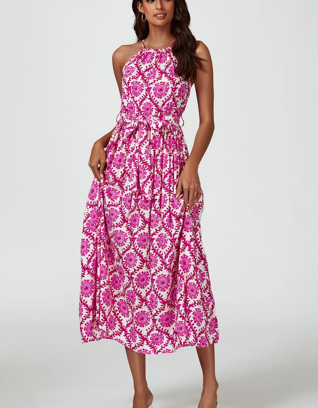 Floral Print Tie Halterneck Maxi Dress In Pink, 2 of 1
