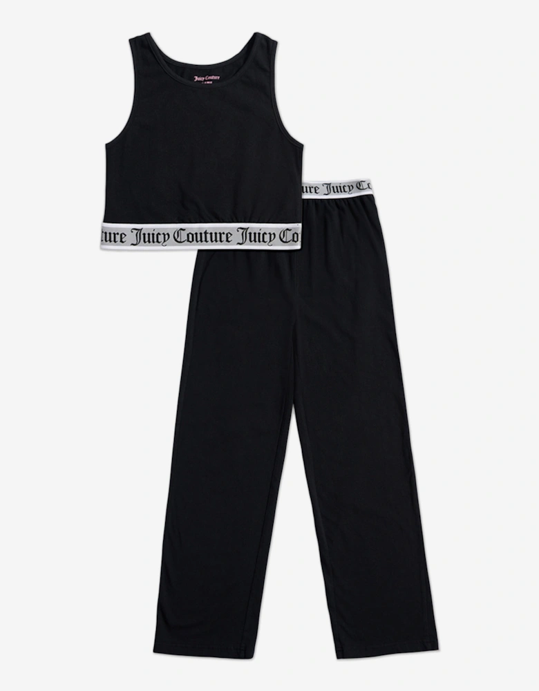 Girls Crop Vest and Wide Leg Pyjama Set in Black