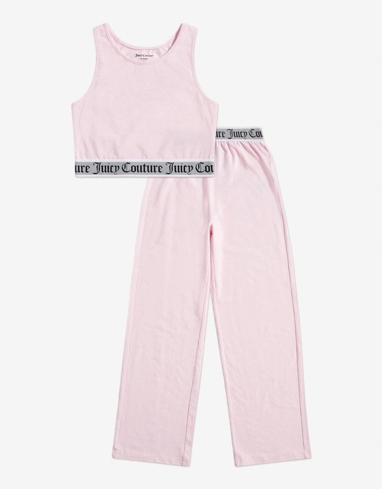 Girls Crop Vest and Wide Leg Pyjama Set in Pink