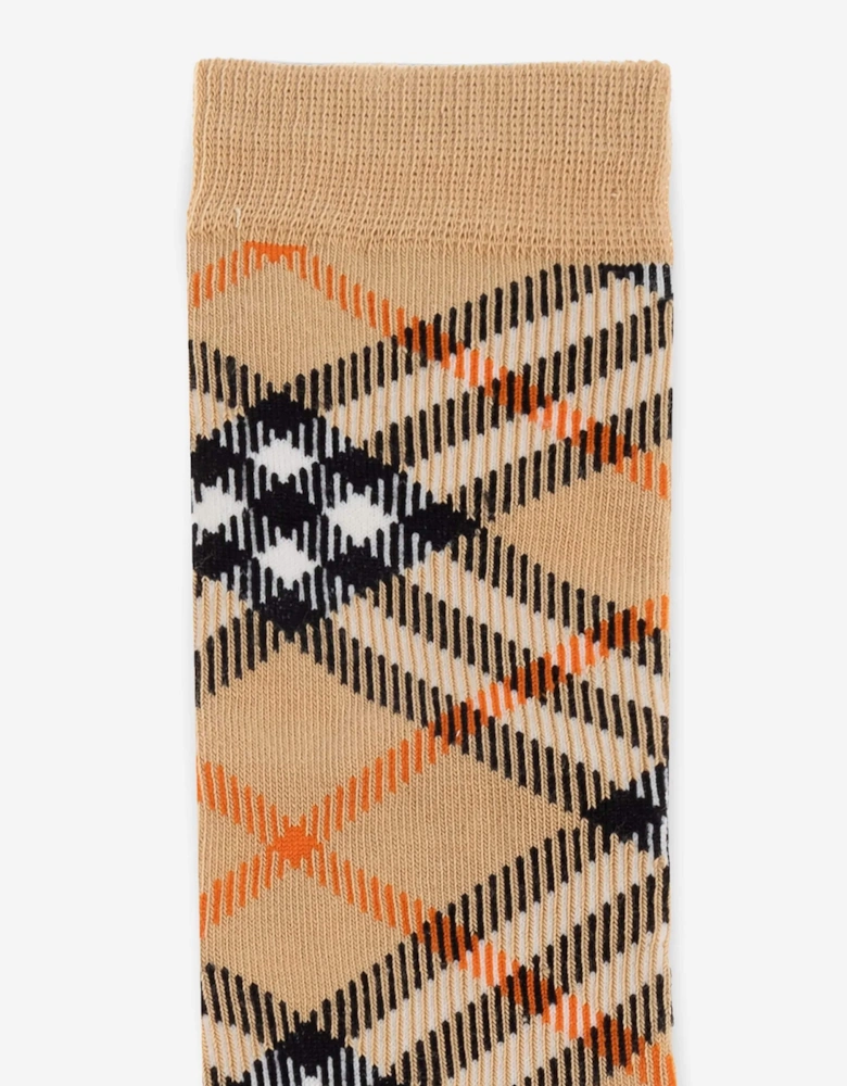 Kids Check Cotton Blend Socks in Beige