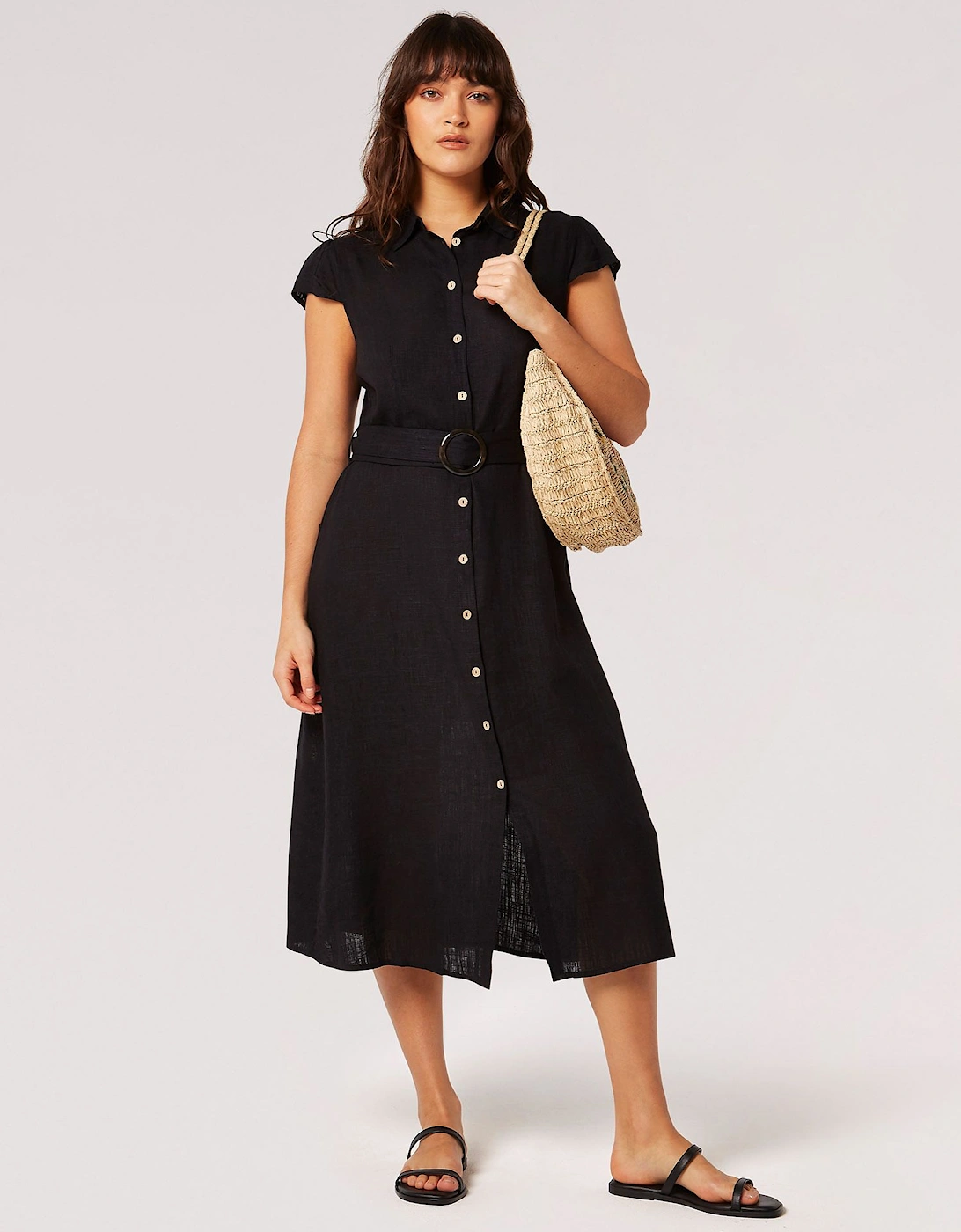 Linen Blend Belted Shirt Midi Dress, 2 of 1