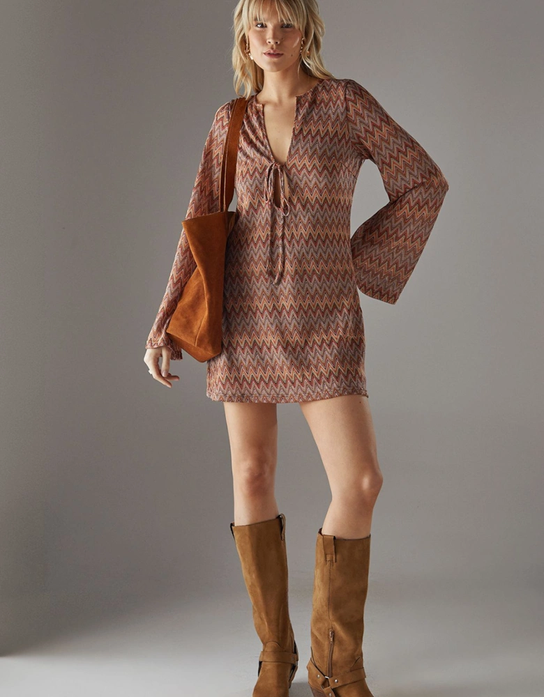 Crochet Tie Front Flare Sleeve Mini Dress