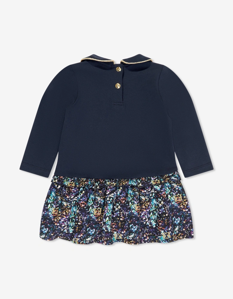 Baby Girls Bi-material Printed Dress in Navy