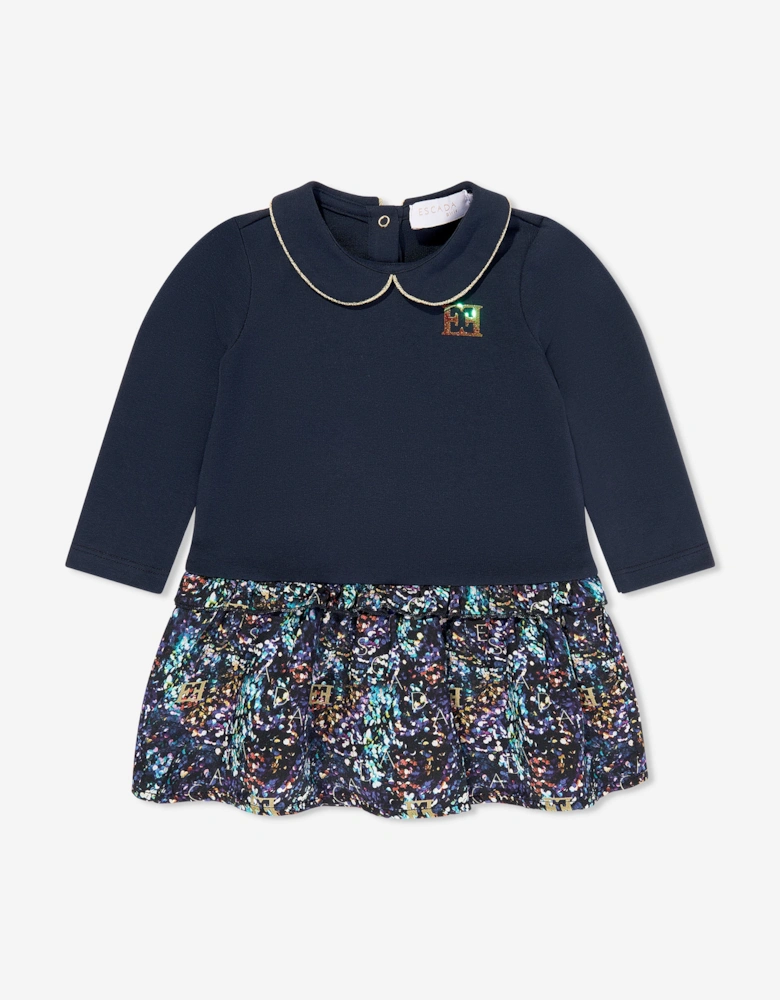 Baby Girls Bi-material Printed Dress in Navy