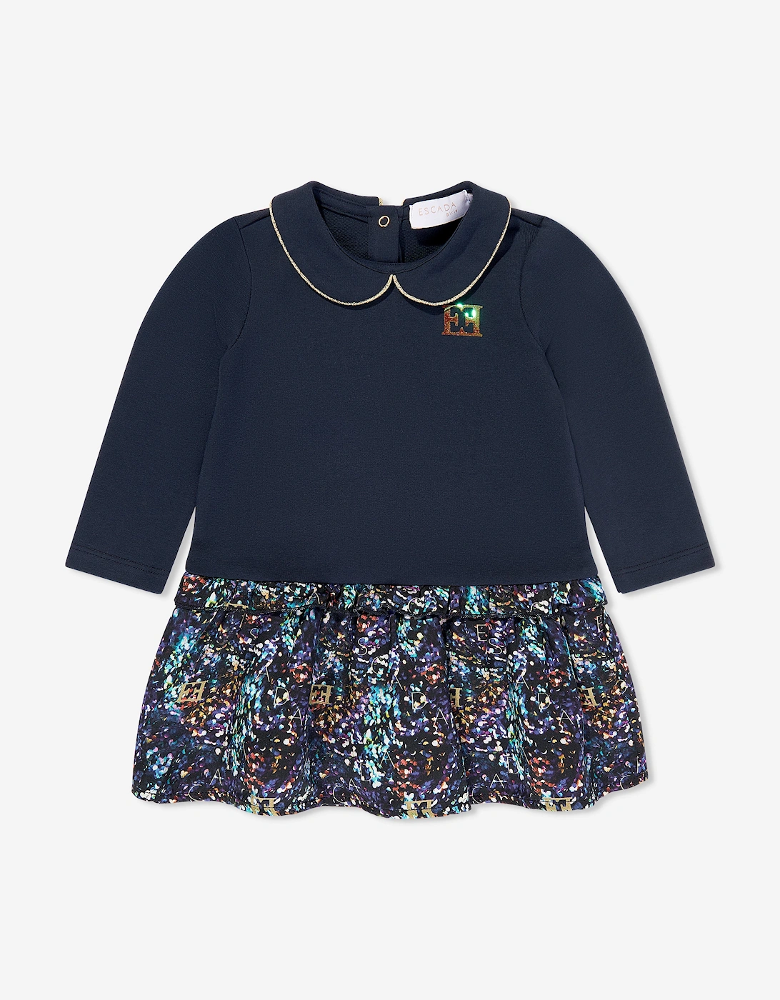 Baby Girls Bi-material Printed Dress in Navy, 5 of 4