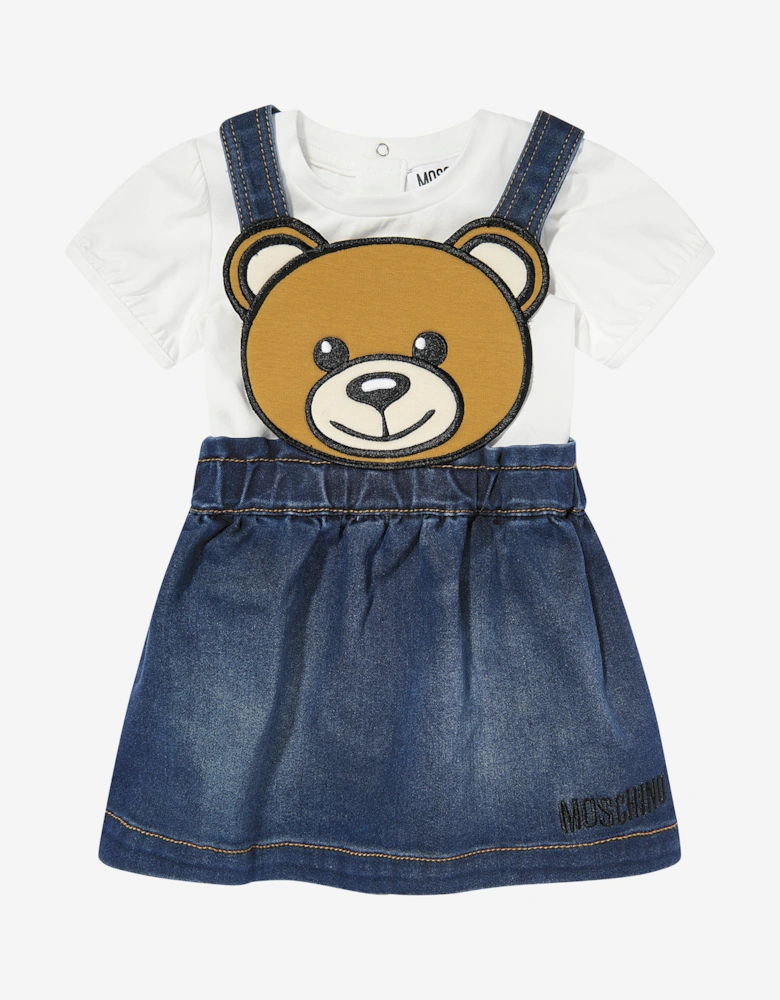 Baby Girls Bear Denim Dress Set in Ivory