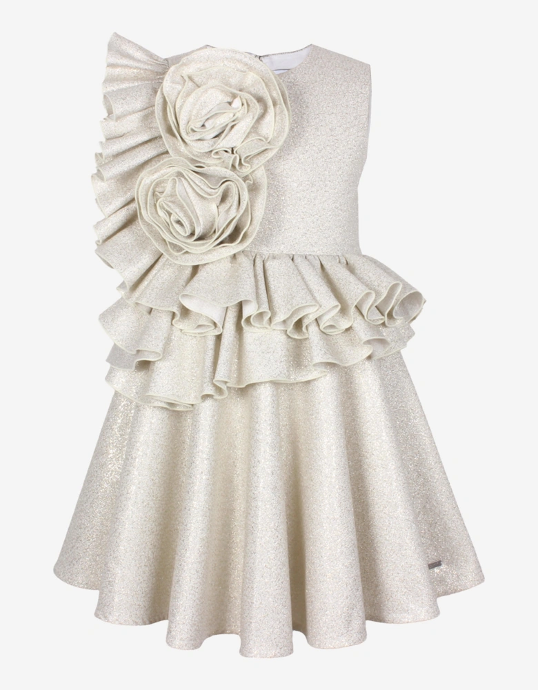 Girls In Bloom Ruffle Flower Dress in Gold