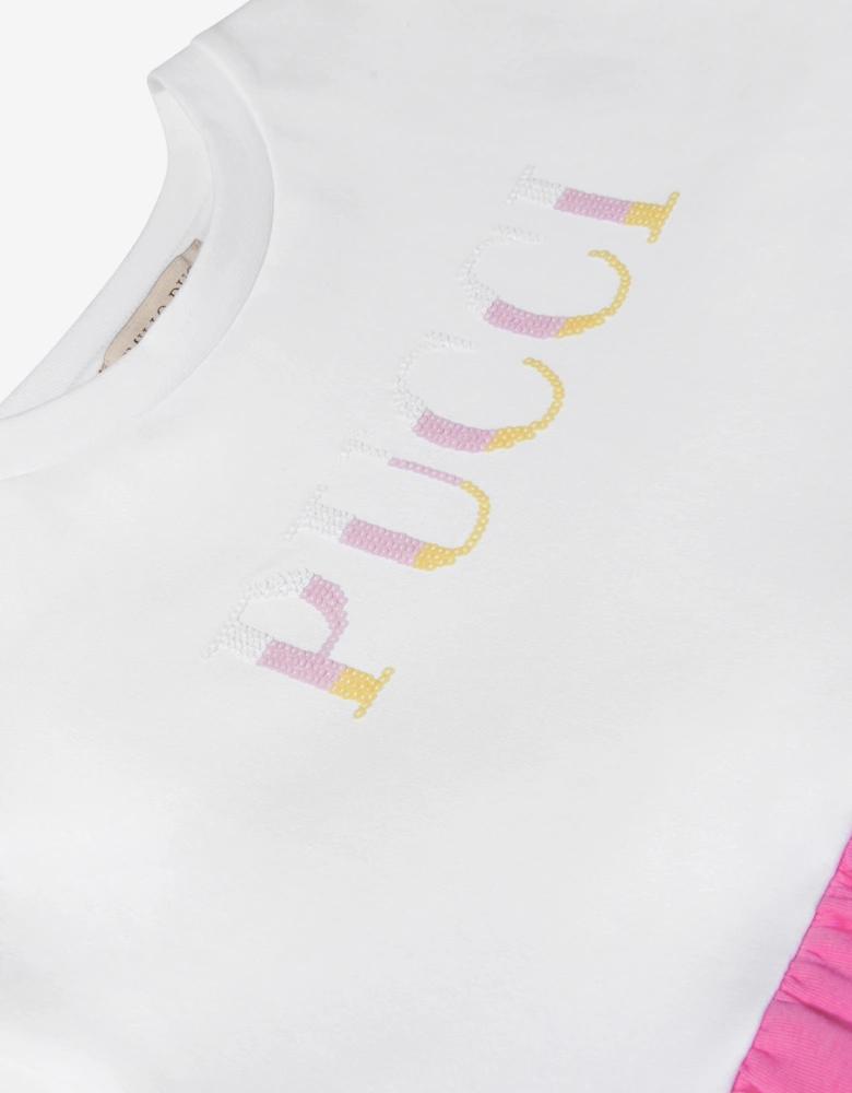 Girls Cotton Ruffle Trim Logo Dress
