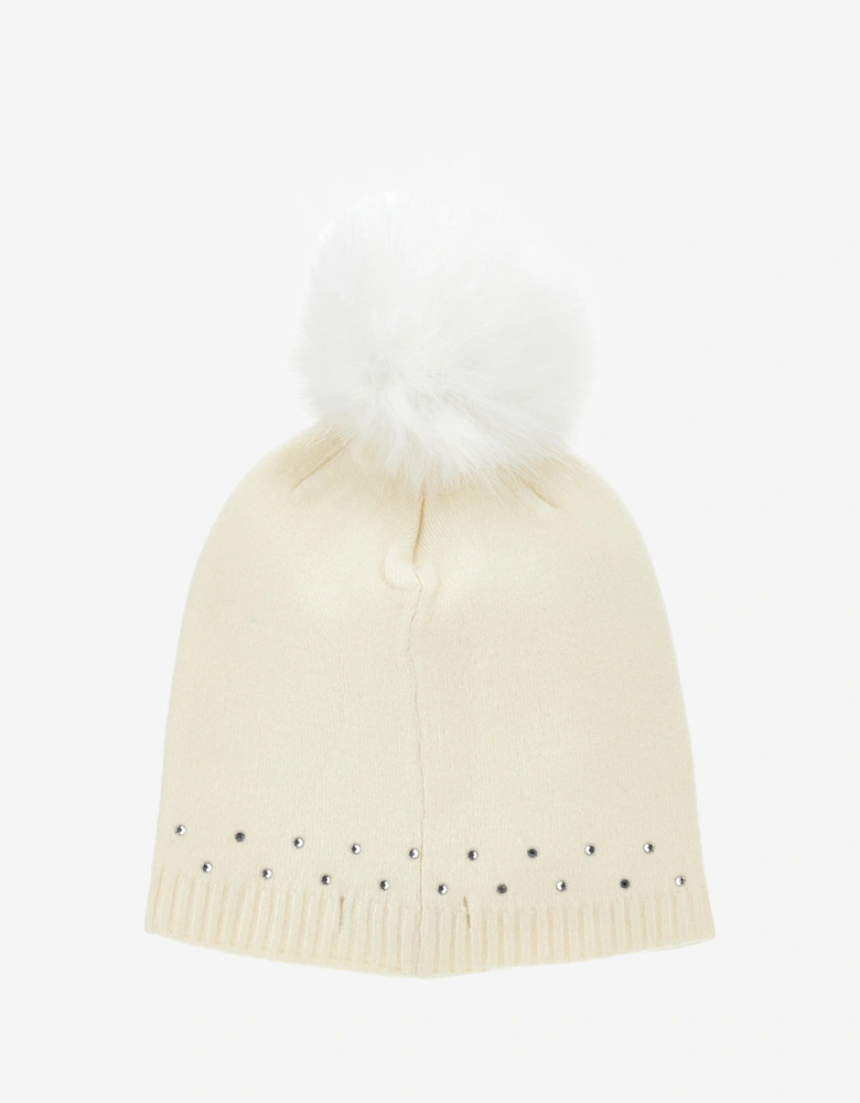 Baby Girls Wool Diamante Bobble Hat in Ivory