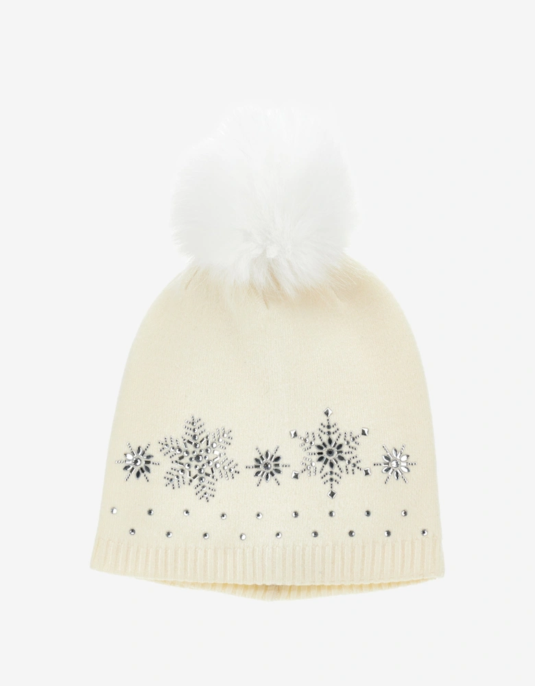 Baby Girls Wool Diamante Bobble Hat in Ivory