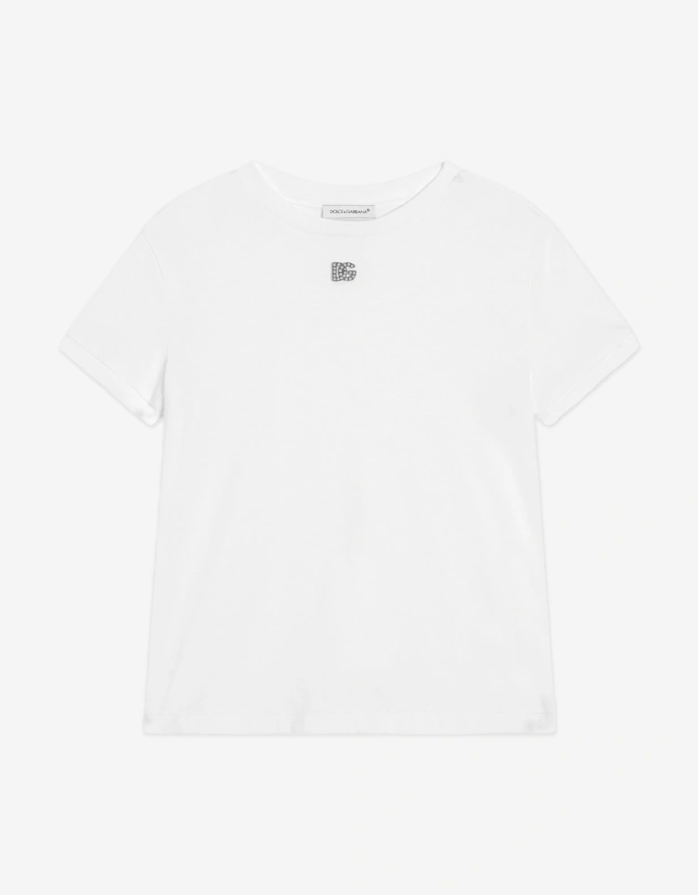 Girls Diamante Logo T-Shirt in White