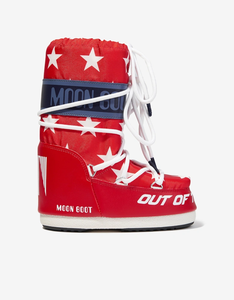 Moon Boot Kids Icon Retro Biker Stars Snow Boots in Red