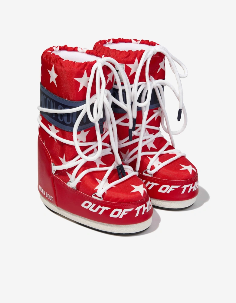 Moon Boot Kids Icon Retro Biker Stars Snow Boots in Red