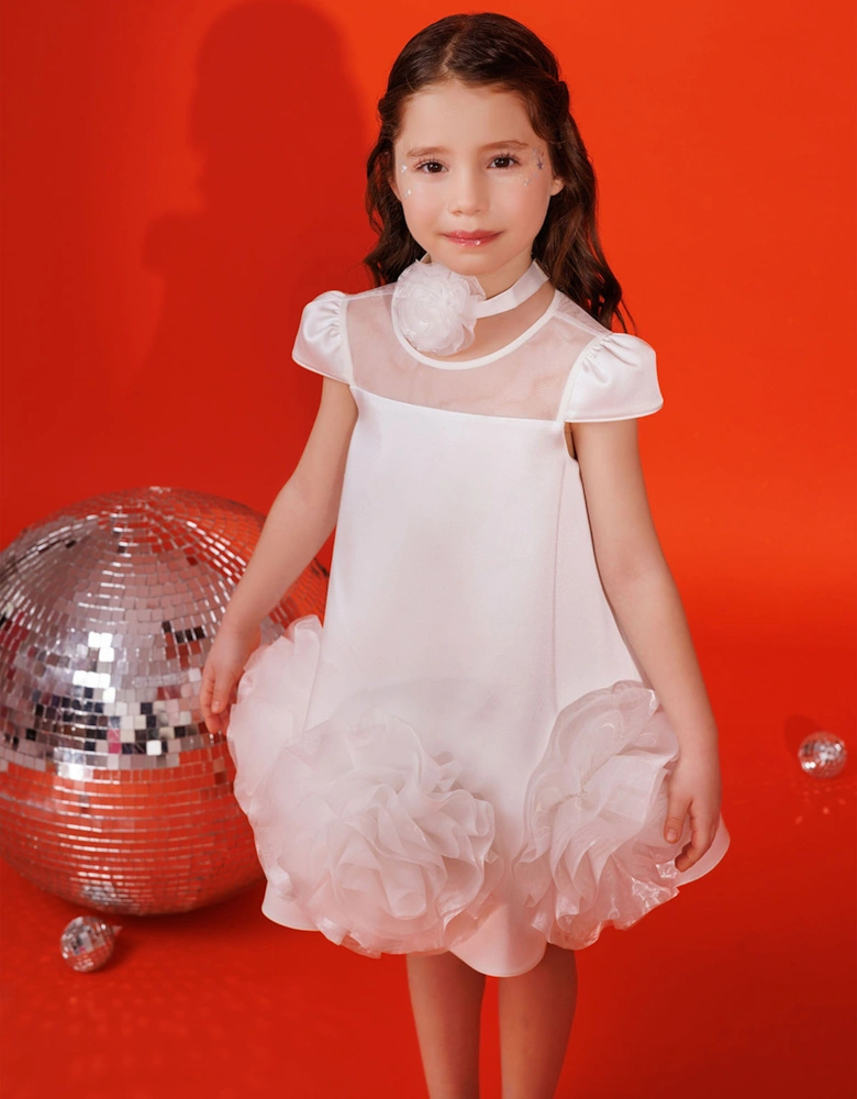 Girls Dress with Flower Choker in White