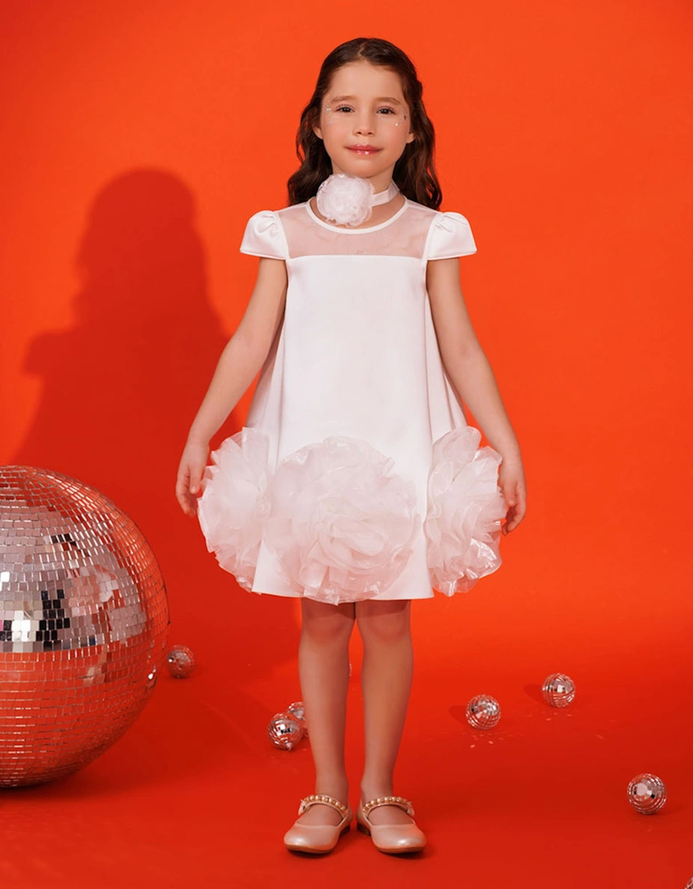 Girls Dress with Flower Choker in White