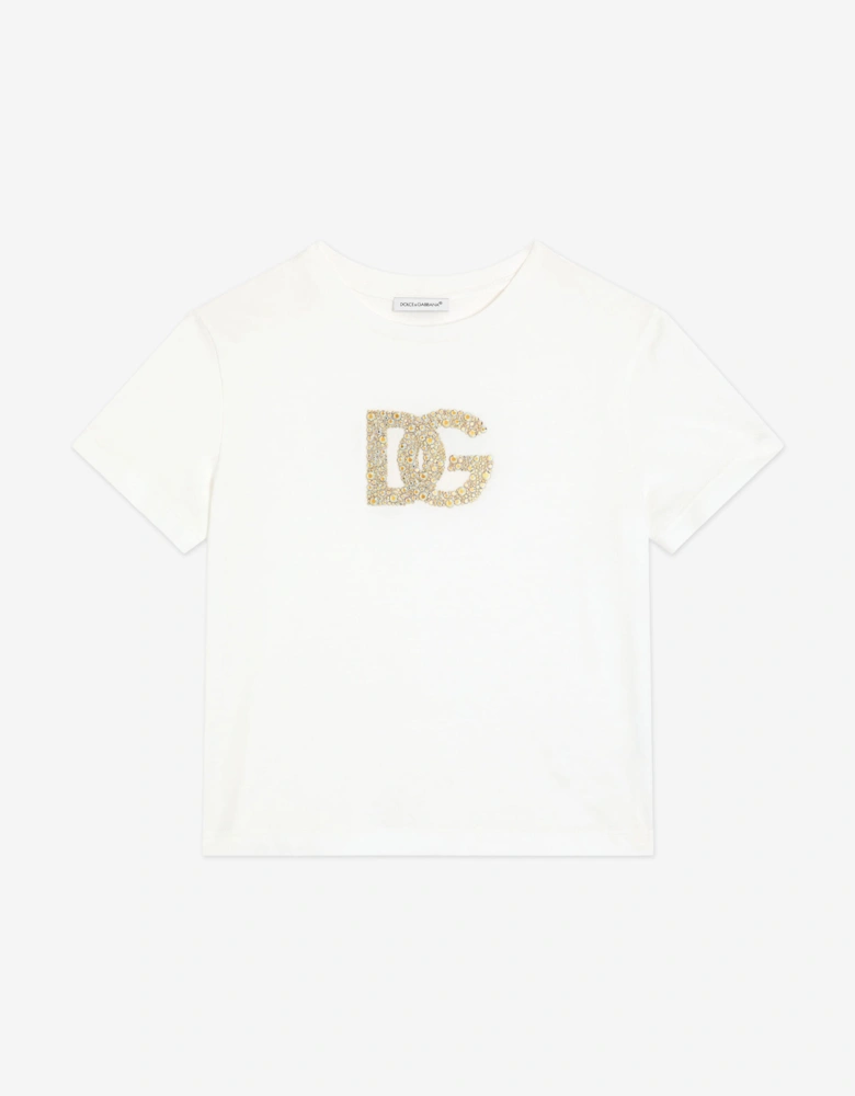 Girls Diamante Logo T-Shirt in White