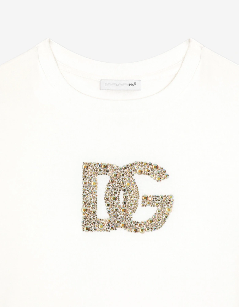 Girls Diamante Logo T-Shirt in White