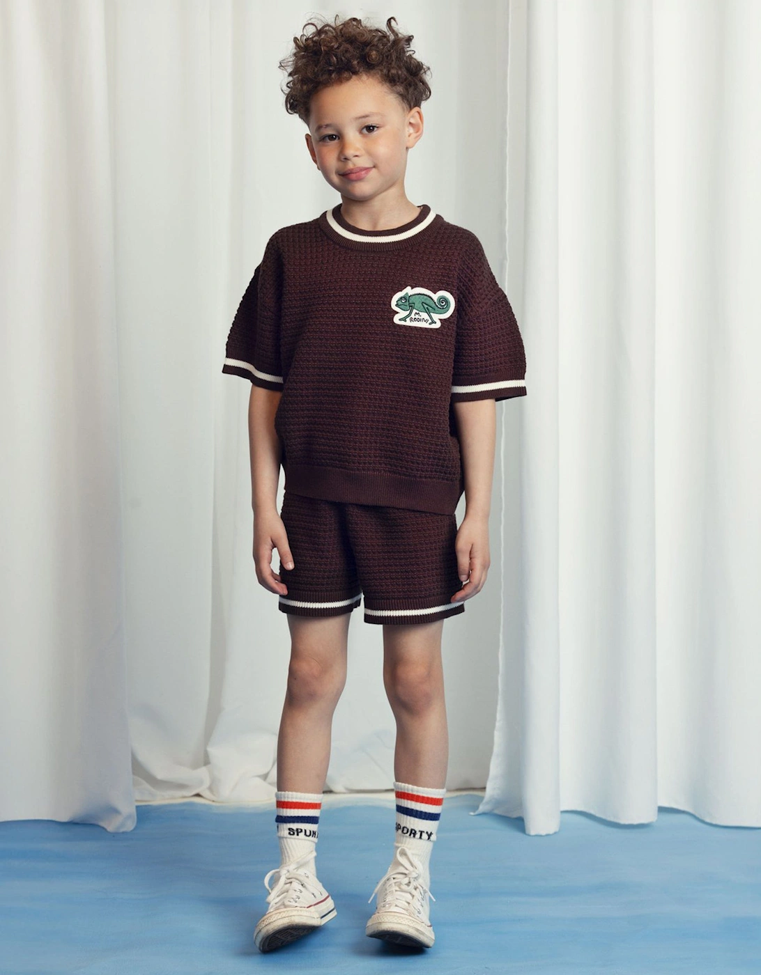 Kids Lizard Patch Crochet Knit Shorts in Brown