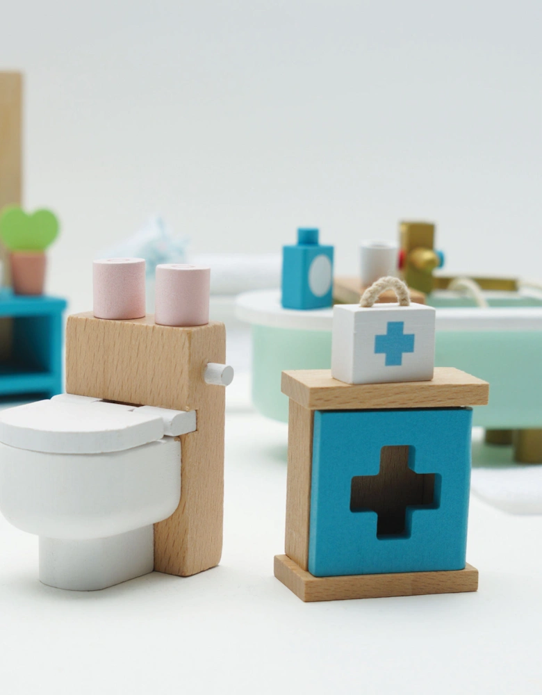 Wooden Dolls House Bathroom Furniture-19 Piece (10.5cm x 5.8cm x 14.8cm)