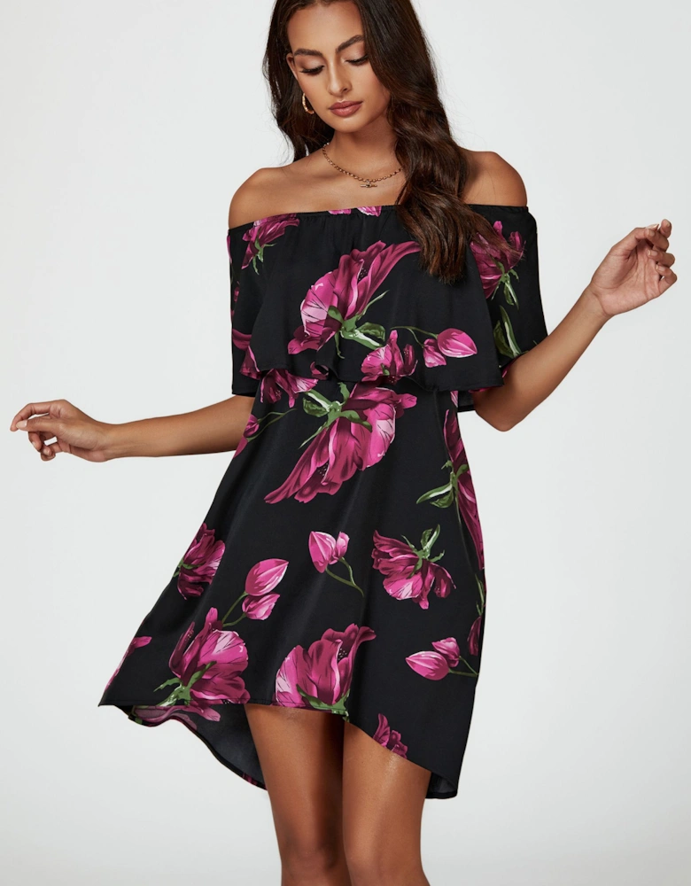 Pink Floral Print Bardot Frill Off Shoulder Mini Dress In Black
