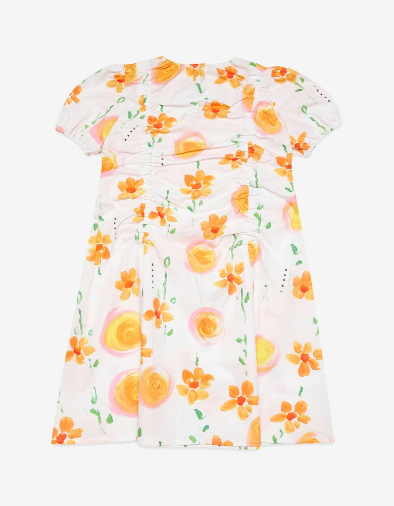 Girls Flower Print Poplin Dress in White
